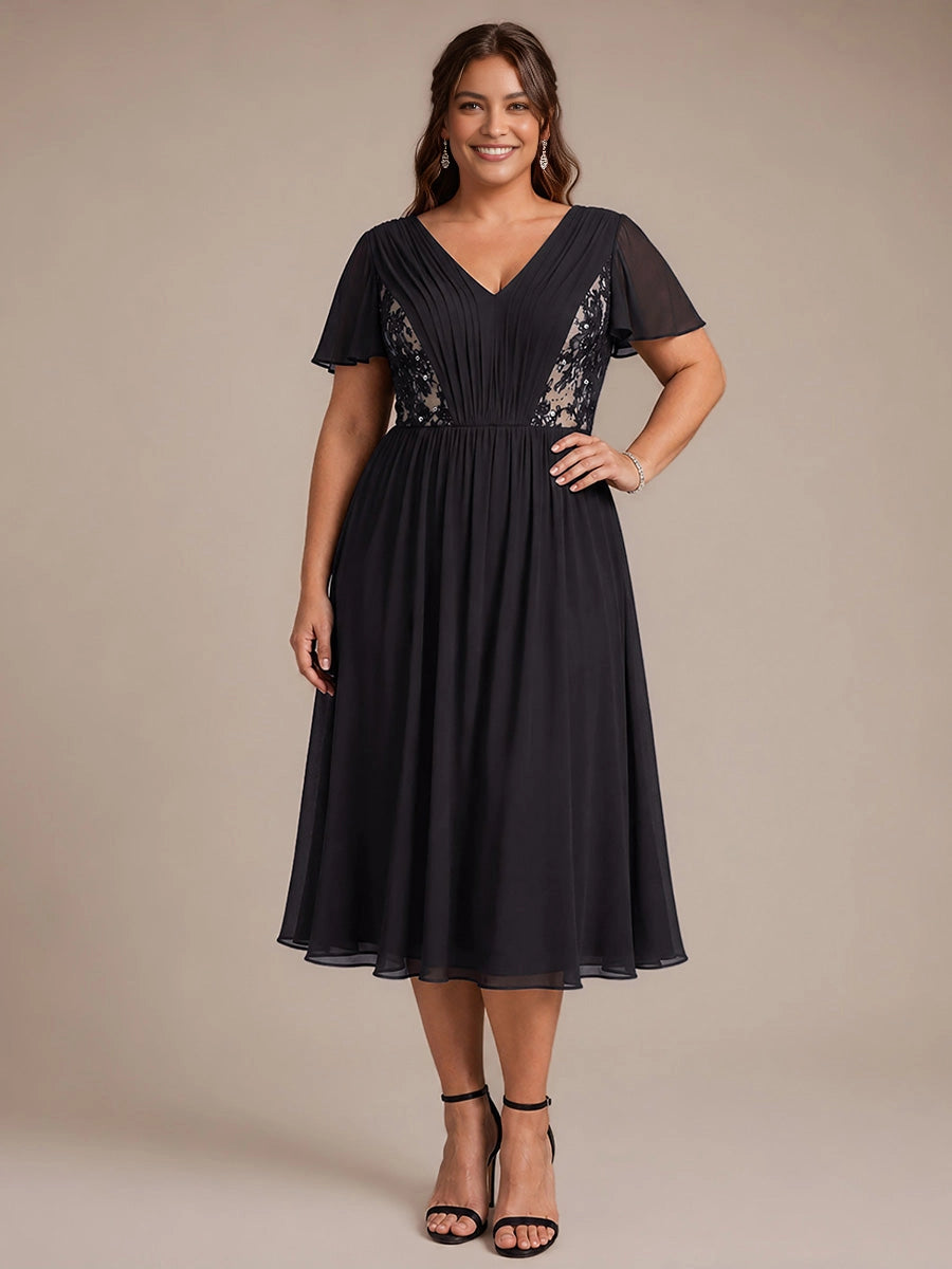 Roselledress Dark Green Plus‑Size V‑Neck Flutter Sleeve Lace Applique Midi Mother of the Bride Dress