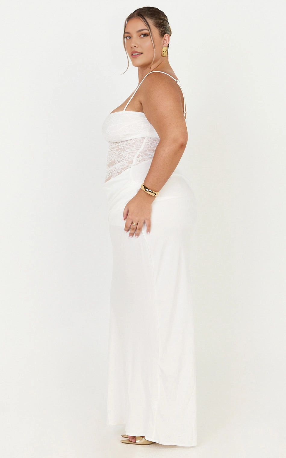 Roselledress white sheer lace waist plus size formal dress side view, slim fit spaghetti strap evening gown