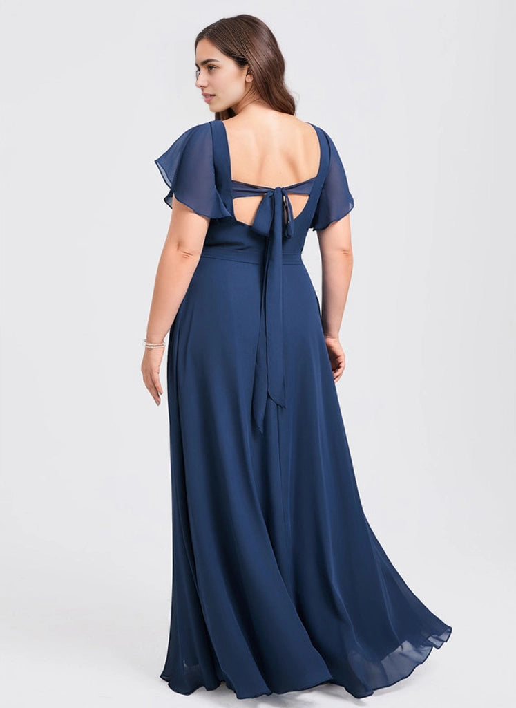 Roselledress matte chiffon square cutout tie back plus size maxi formal dress side zipper rear shot