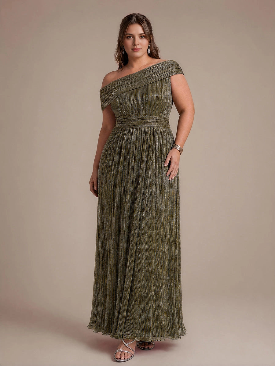 RoselleDress metallic green pleated off shoulder a line plus size floor length wedding guest formal gown with waist sash