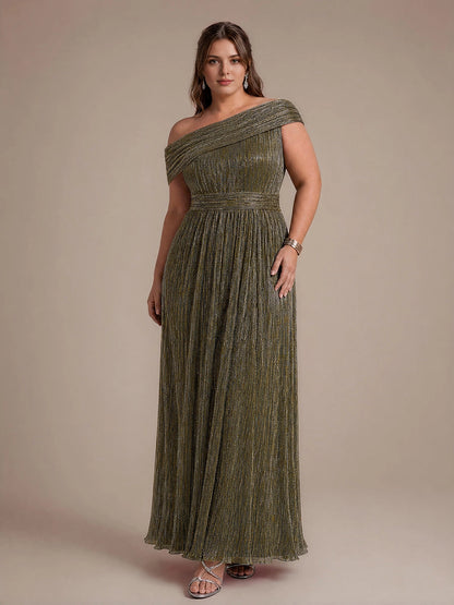 RoselleDress metallic green pleated off shoulder a line plus size floor length wedding guest formal gown with waist sash