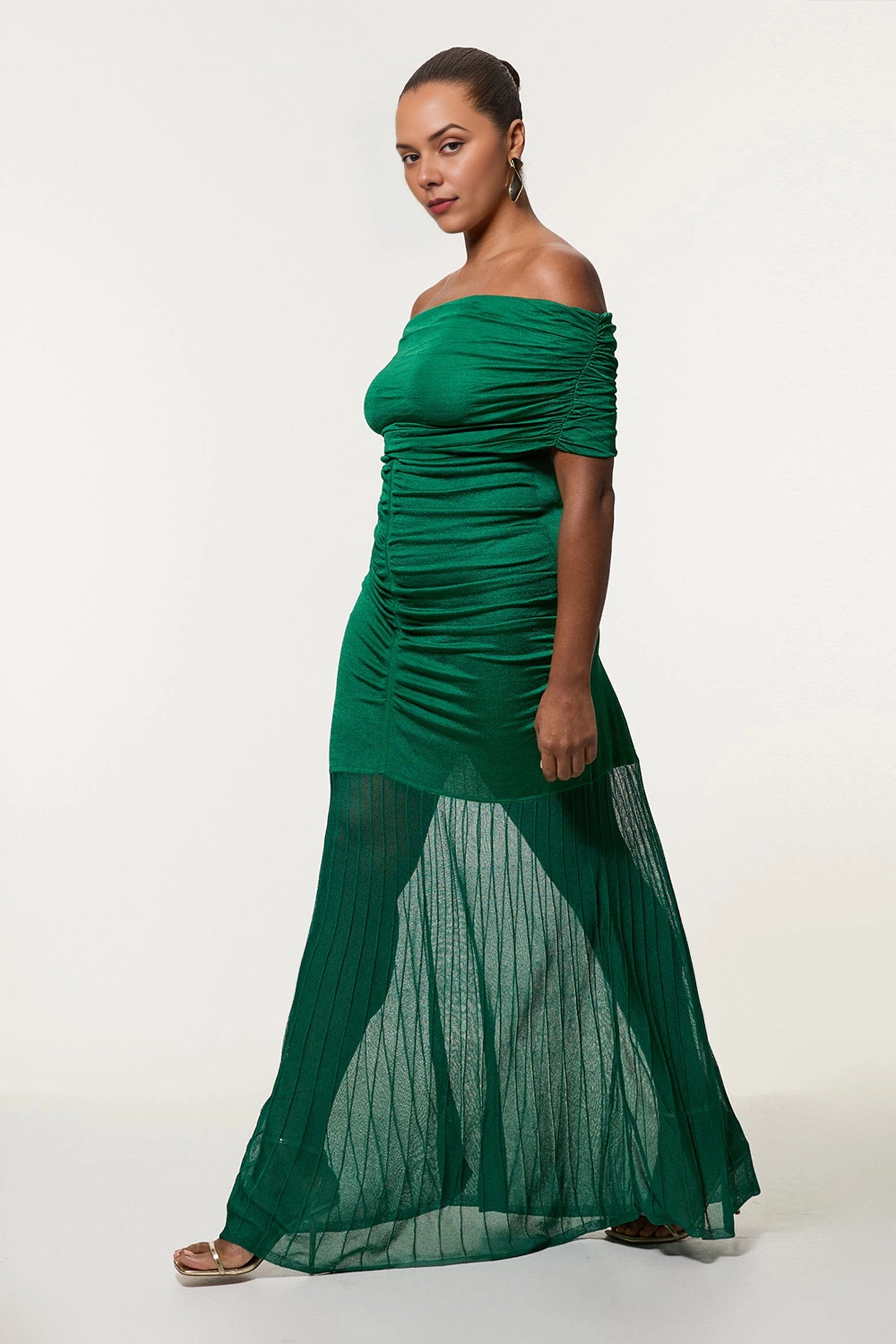 Green Plus Size Off‑The‑Shoulder Ruched Pleated Mesh Maxi Wedding Guest Dress