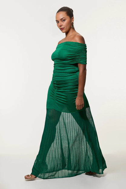 Green Plus Size Off‑The‑Shoulder Ruched Pleated Mesh Maxi Wedding Guest Dress