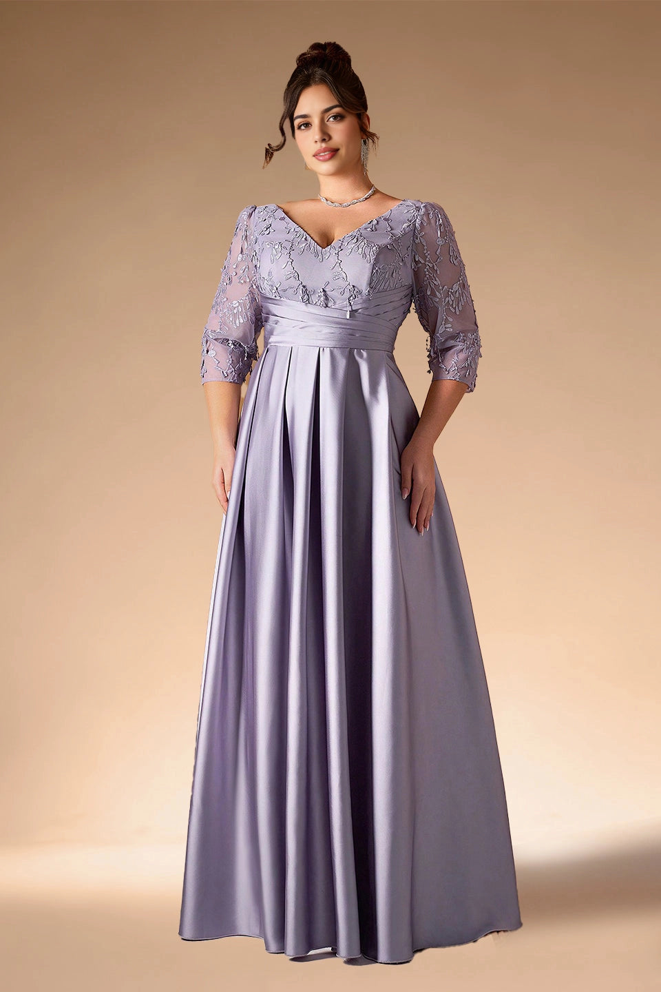 Dusty Lavender Plus Size A‑Line V‑Neck 3/4‑Sleeve V‑Back Zip‑Back Floor‑Length Prom Dress