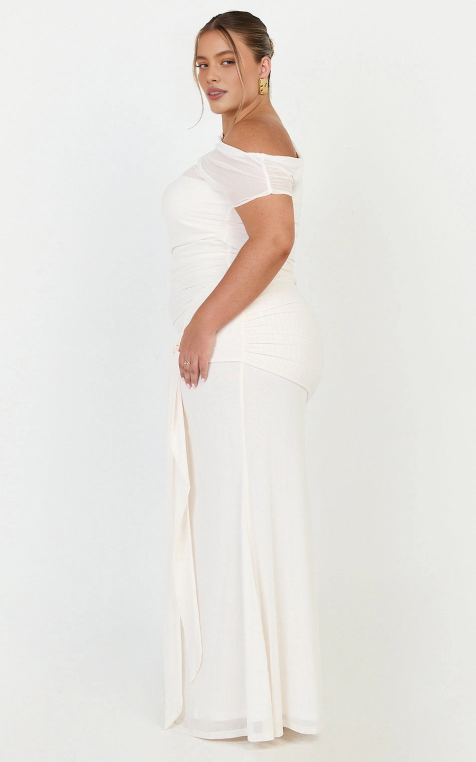 Romantic Mermaid One Shoulder Mesh Short Sleeve Open Back Tie Waist Plus Size Maxi Wedding Guest Dress