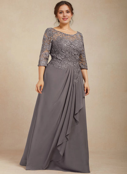 Graceful A-line Bateau Neck 3/4 Sleeve Lace-Back Maxi plus size Mother Of Bride Dress