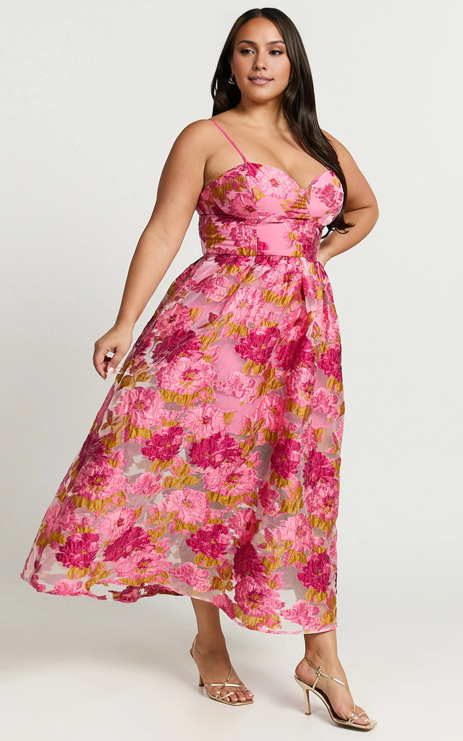 Spaghetti Strap Floral Jacquard Midi Plus Size Wedding Guest Dress