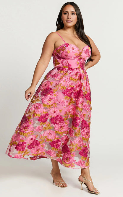 Spaghetti Strap Floral Jacquard Midi Plus Size Wedding Guest Dress