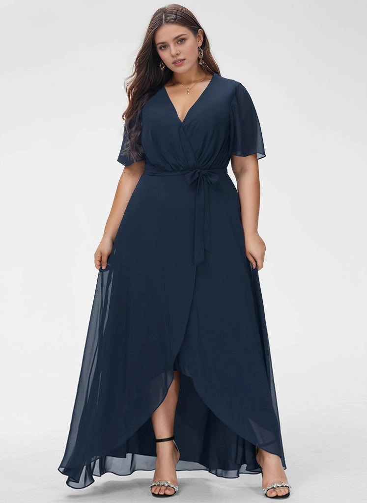 Roselledress Flowy A-Line V-Neck Flutter Sleeve Plain Back Hi-Low Maxi Plus Size Weeding Guest Dress