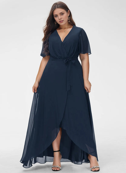 Roselledress Flowy A-Line V-Neck Flutter Sleeve Plain Back Hi-Low Maxi Plus Size Weeding Guest Dress