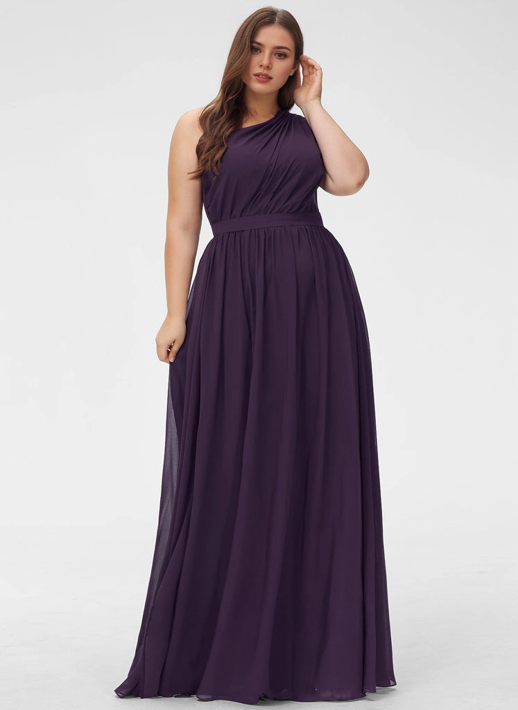 Roselledress Flowy Chiffon Aline One Shoulder Sleeveless Ruched Back Floor Plus Size Weeding Guest Dress