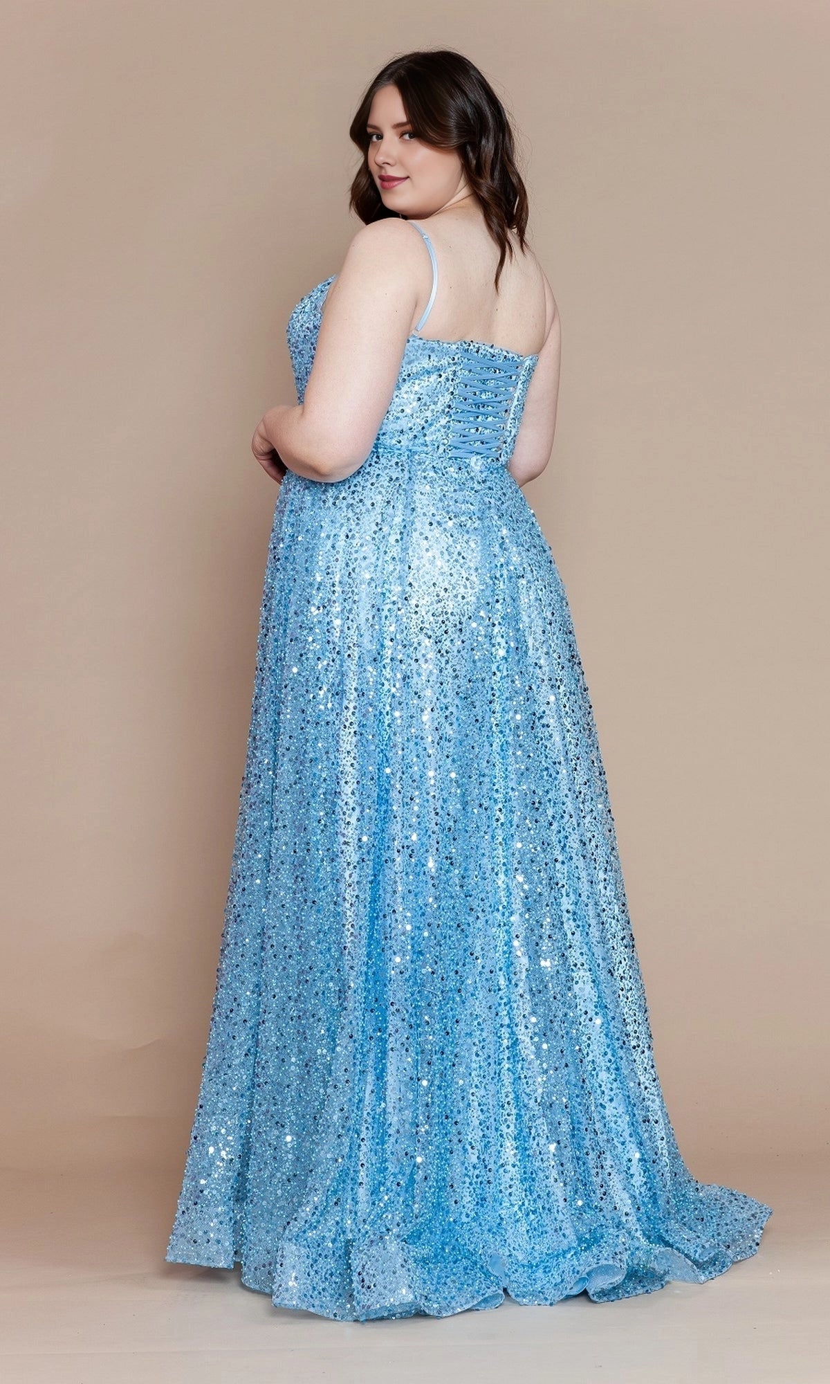 Sparkly A-Line Square Neck Spaghetti Strap Lace-Up Back Slit Floor Length Plus Size Sequin Prom Dress