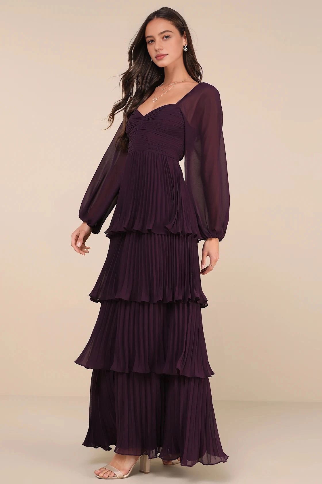 Plum A-Line Sweetheart Long Sleeve Plain Back Long Prom Dress