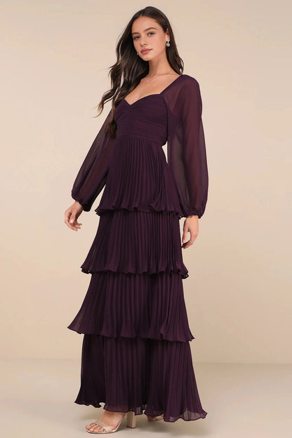 Plum A-Line Sweetheart Long Sleeve Plain Back Long Prom Dress