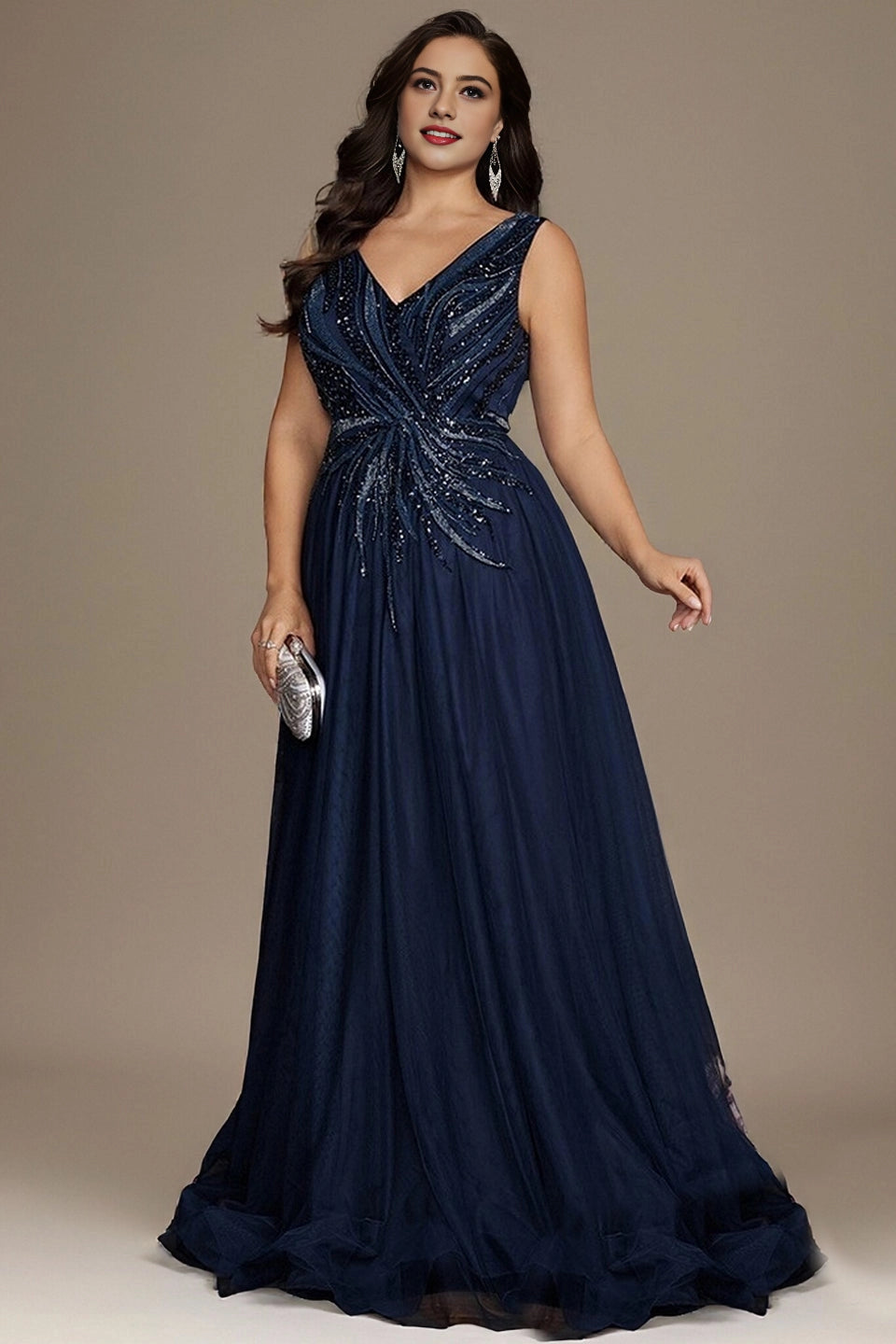 Stunning A-Line V-Neck Sleeveless Lace-Up-Back Floor-Length Plus Size Mother Of Bride Dress