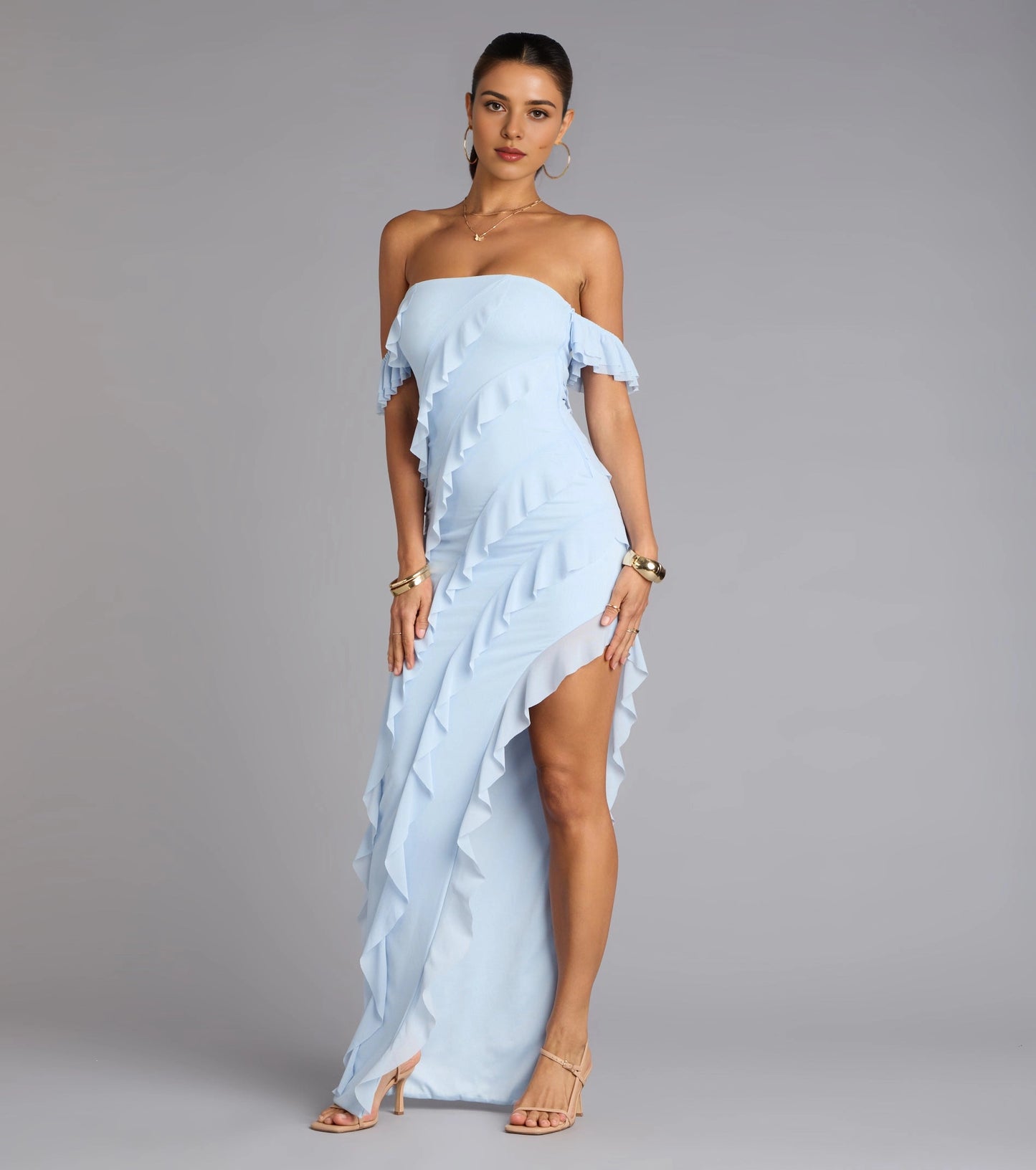 Roselledress Ruffled Slim Off-Shoulder Tube Open-Back Slit Maxi Plus Size Prom Dress