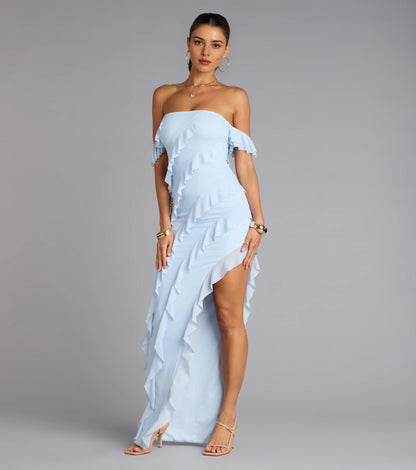 Roselledress Ruffled Slim Off-Shoulder Tube Open-Back Slit Maxi Plus Size Prom Dress