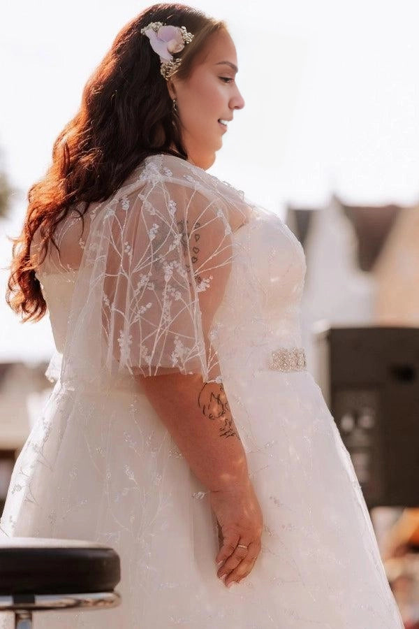 A-Line V-Neck Flutter Short Sleeve Zipper Back Tulle Train Plus Size Wedding Dress