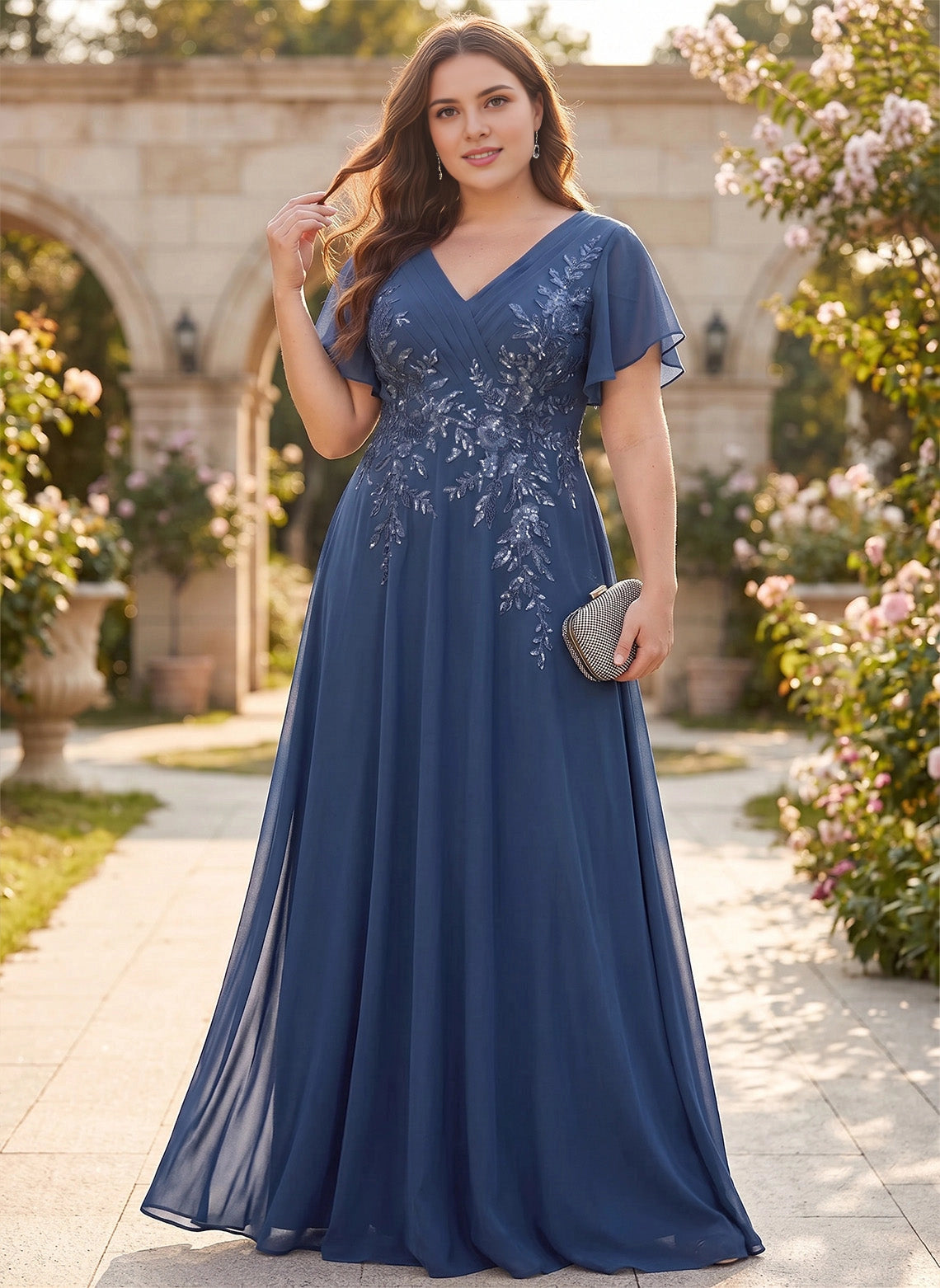 Stunning Plus Size A-Line V-Neck Flutter Sleeve V-Back Floor-Length Mother Of Bride Dress