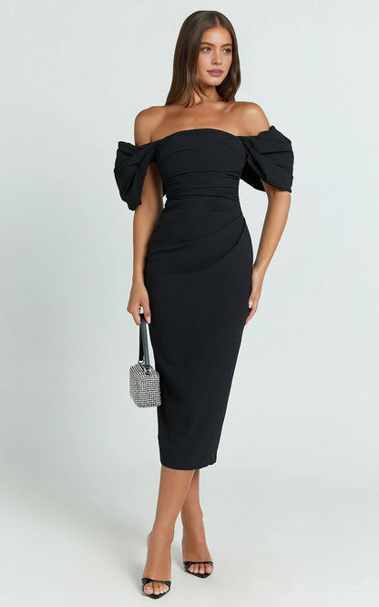 Elegant Sheath Off Shoulder Puff Sleeve Low Back Zipper Back Back Slit Plus Size Midi Wedding Guest Dress