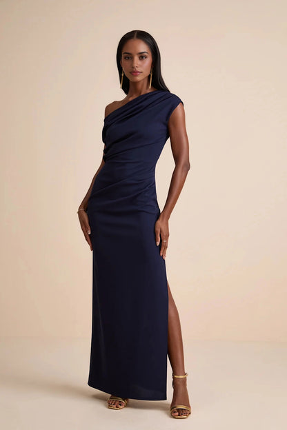 RoselleDress navy ruched one shoulder evening gown draped neck high slit maxi formal dress