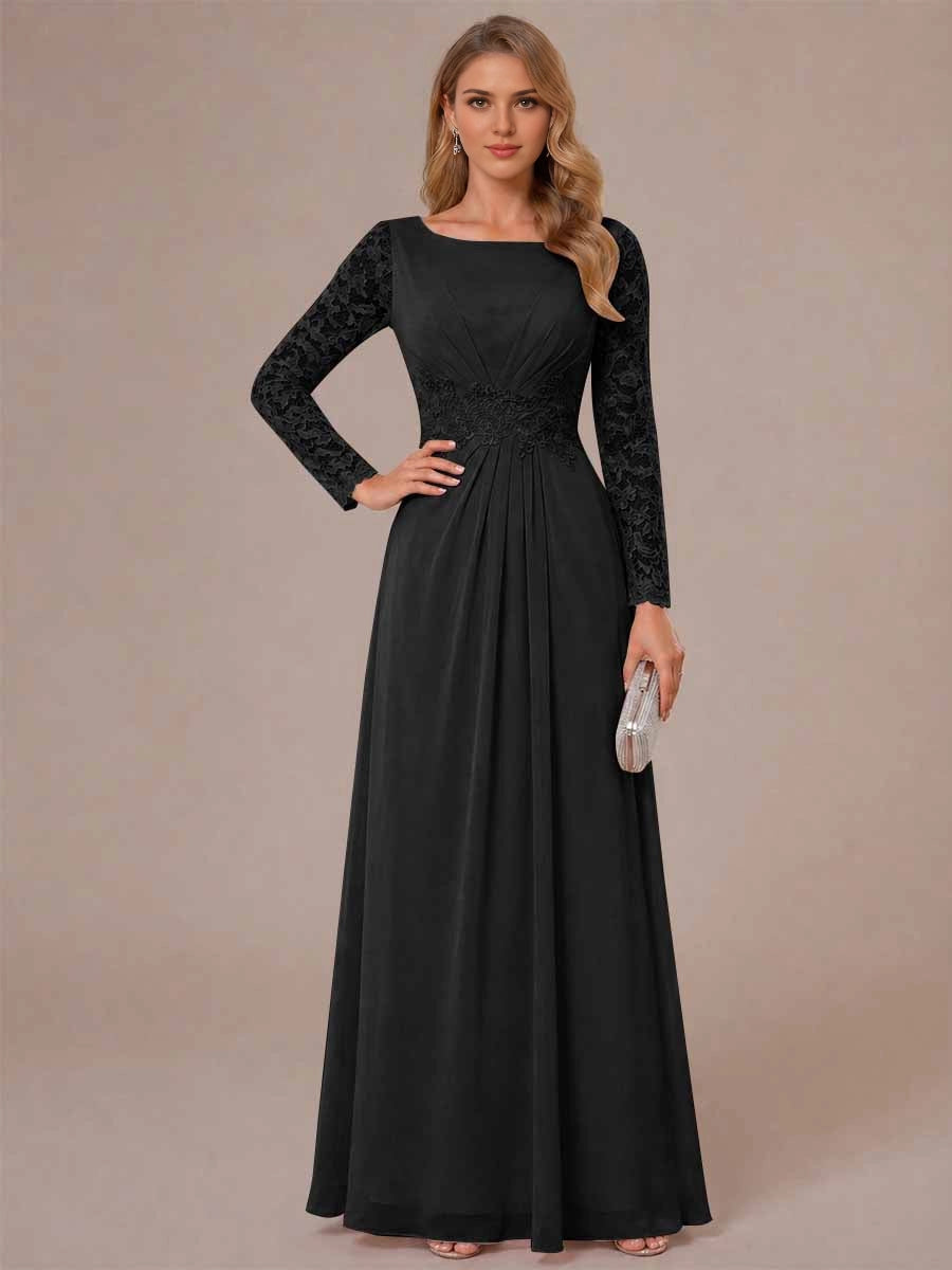 Elegant A Line Boat Neck Long Sleeve Zip Back Long Mother Of Bride Dress