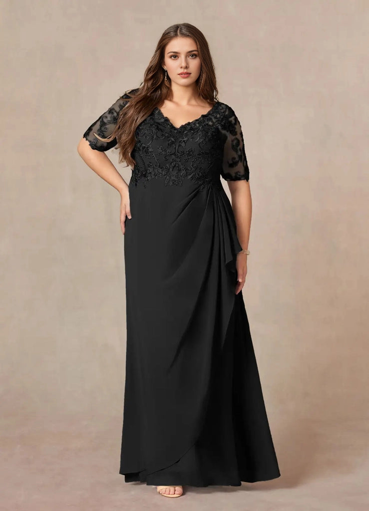 Roselledress black plus size mother dress lace illusion mid sleeve wrap skirt front view