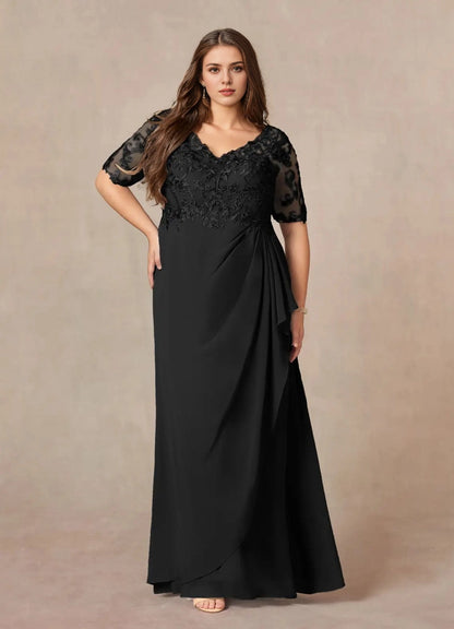 Roselledress black plus size mother dress lace illusion mid sleeve wrap skirt front view