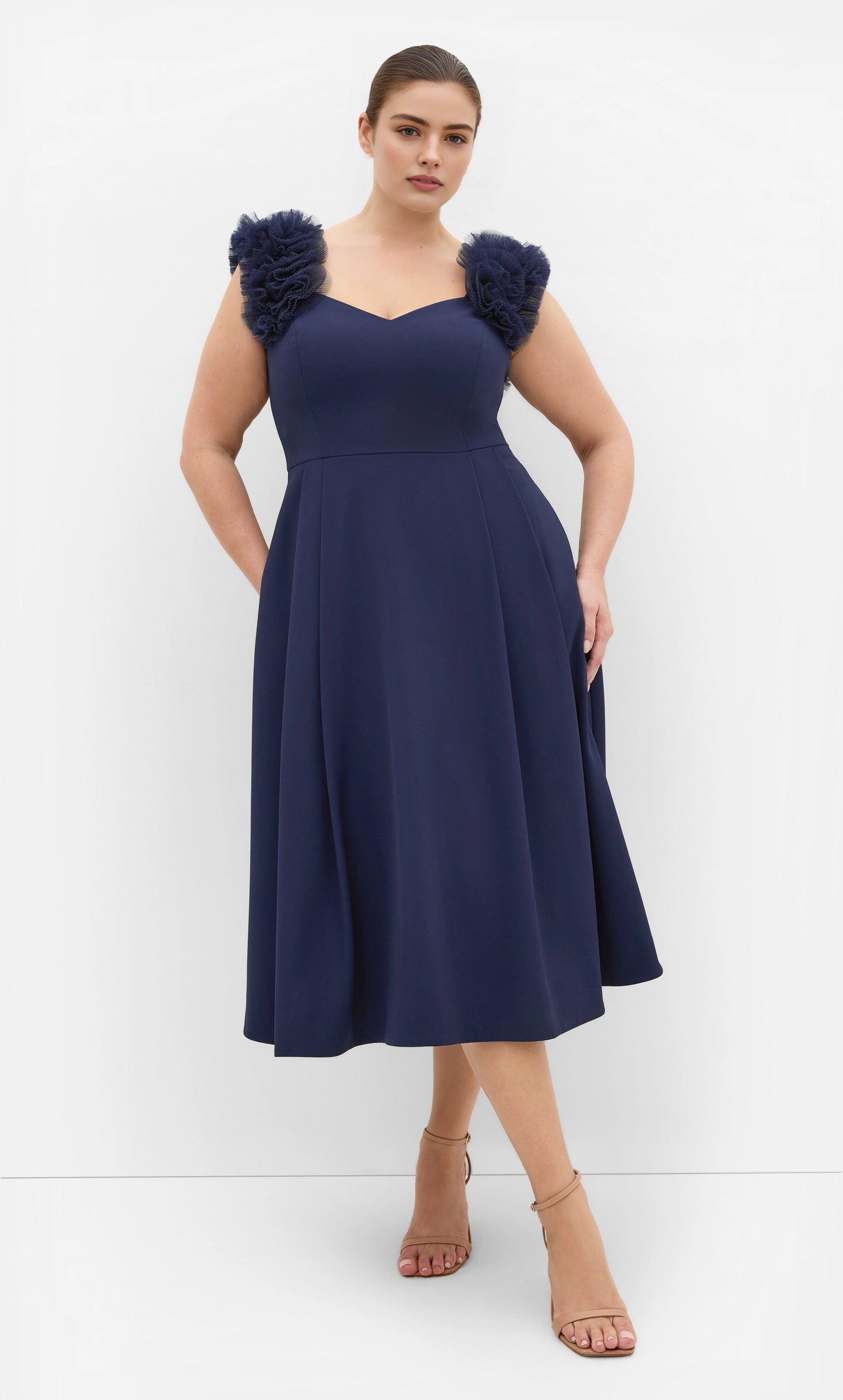 Blush Pink Tulle Ruffle Strap Midi Plus Size Wedding Guest Dress