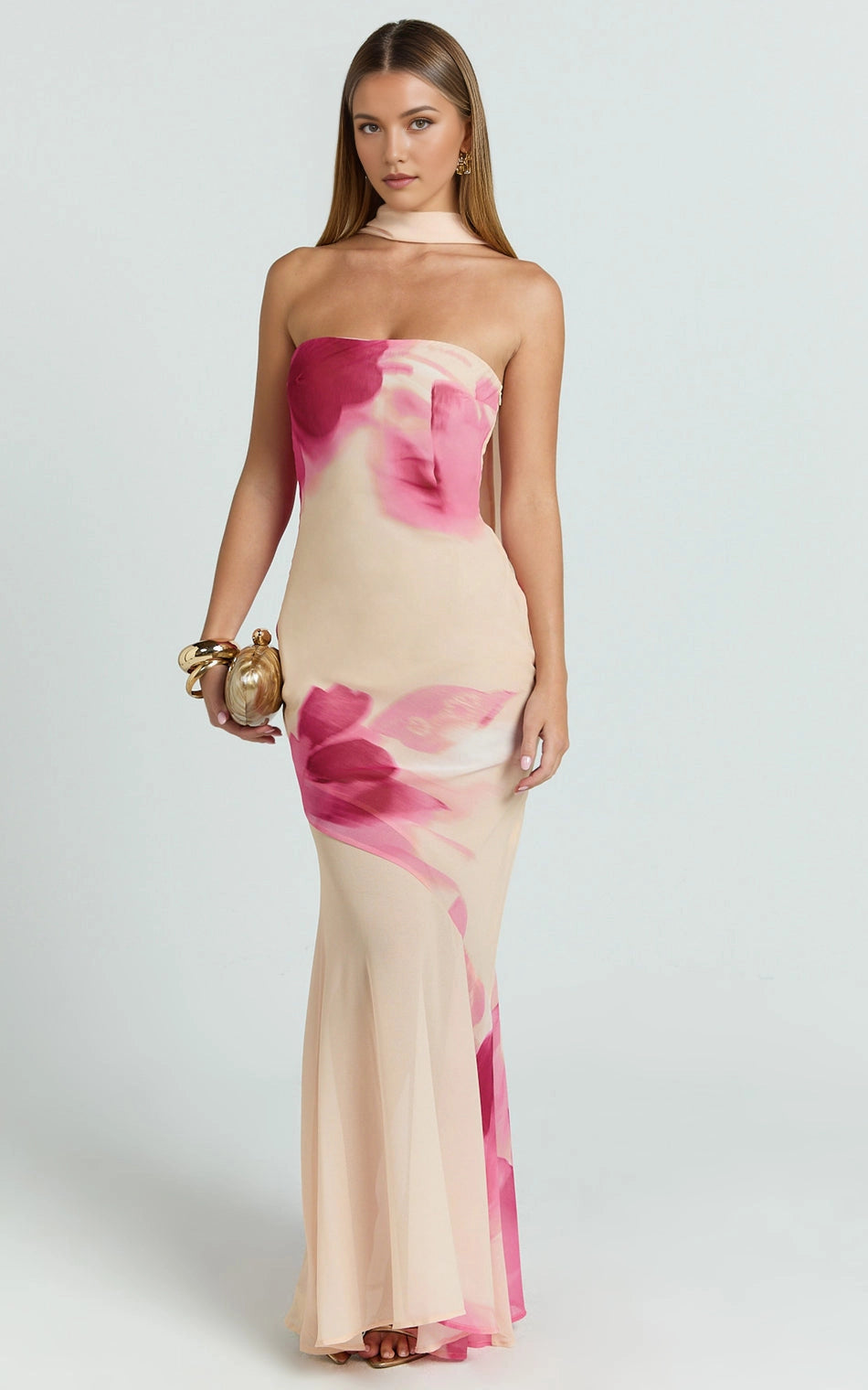 Midi Halter Open Back Floral Print Chiffon Plus Size Wedding Guest Midi Dress