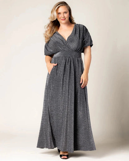 Bronze Shimmer Dolman Sleeve V‑Neck Maxi Plus Size Wedding Guest Dress