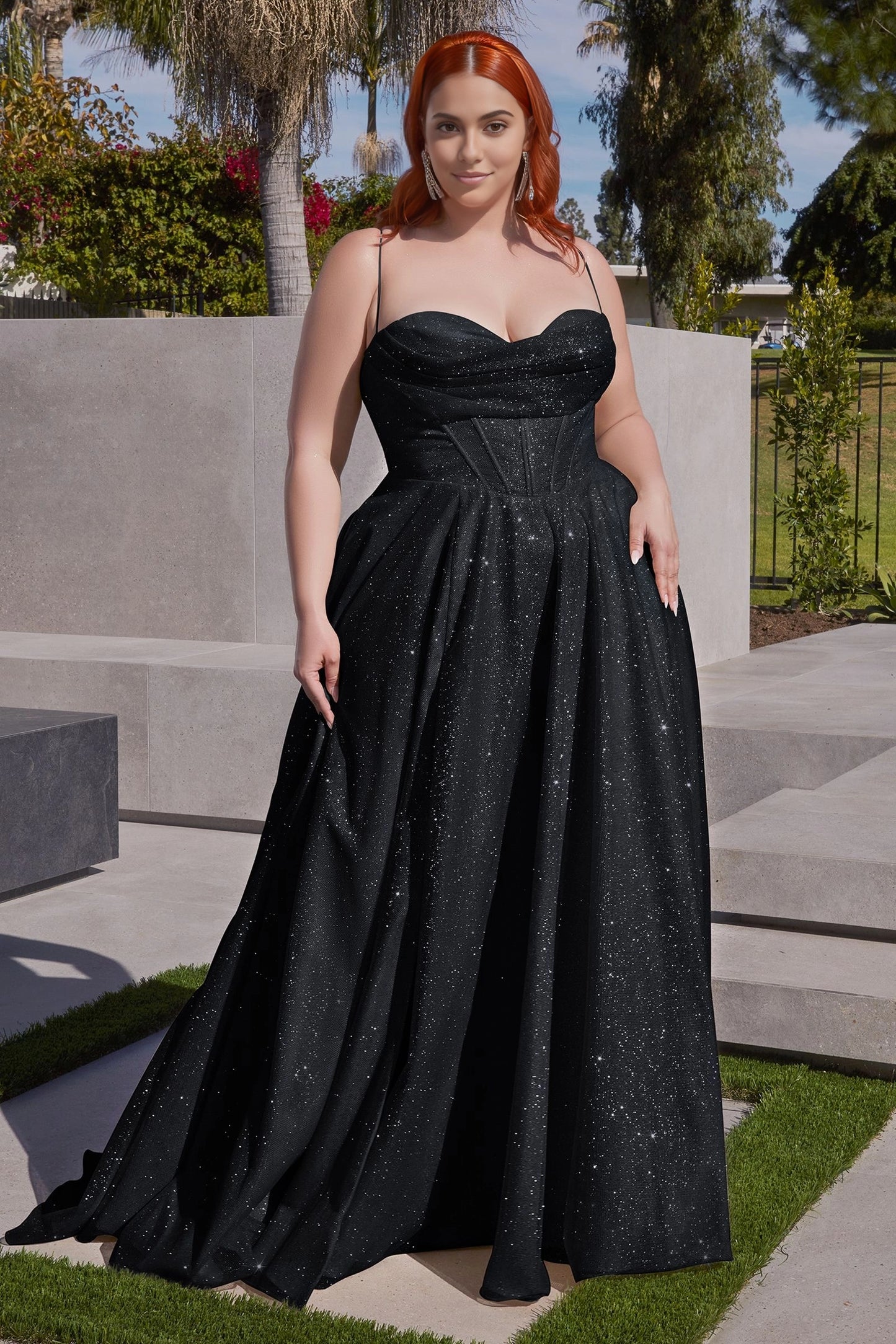 Roselledress black sparkly plus size evening dress corset waist spaghetti strap train gown