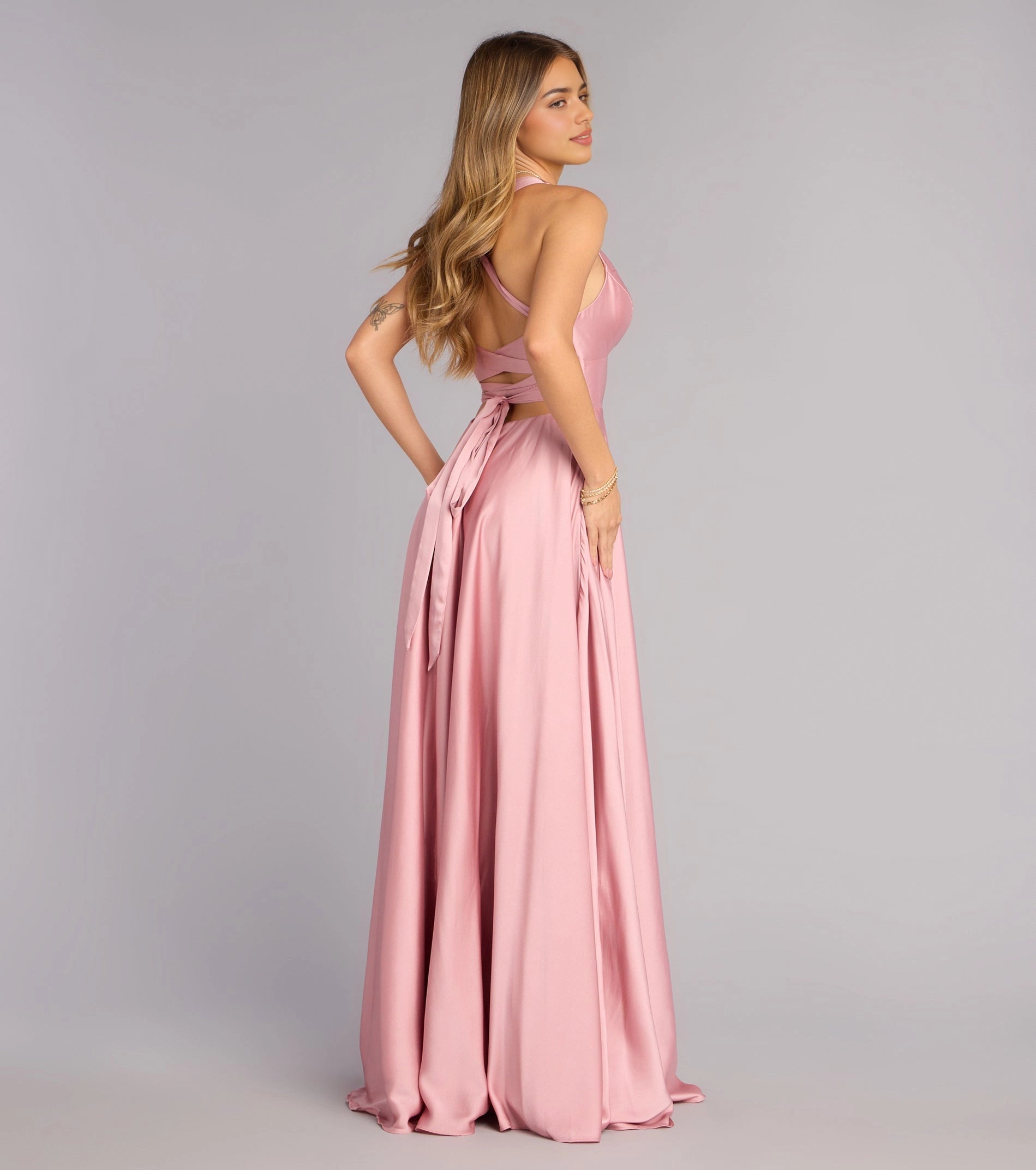 back view Roselledress pink satin crisscross tie open back long bridesmaid formal dress bow detail