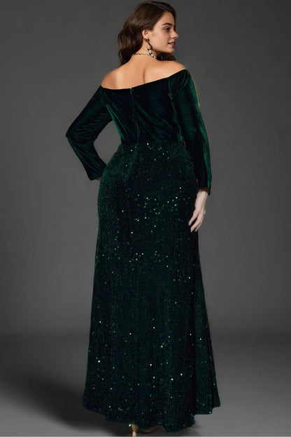 Roselledress evening dress solid zip back dark green velvet curvy wedding mother gown back photo