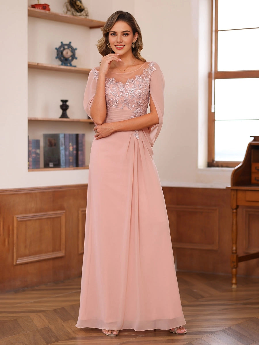 Roselledress dusty pink plus size bateau lace mother dress cape sleeve ruched floor length formal gown