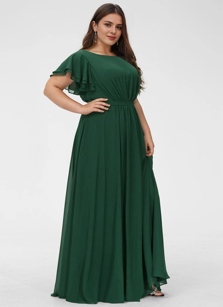 Modest A-line Round-Neck Flutter-Sleeve Zip-Back Maxi plus size Mother Of Bride Dress