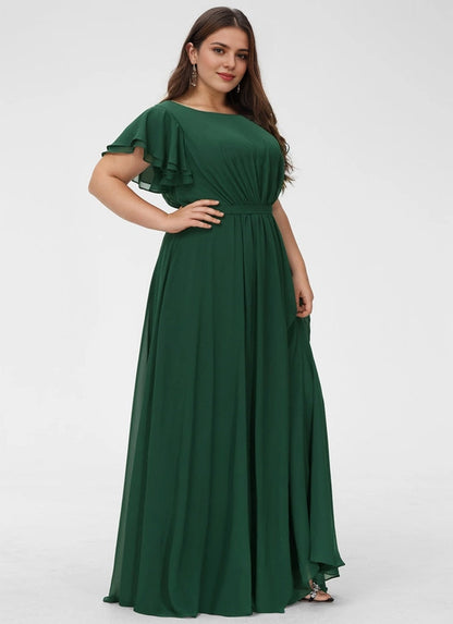 Modest A-line Round-Neck Flutter-Sleeve Zip-Back Maxi plus size Mother Of Bride Dress