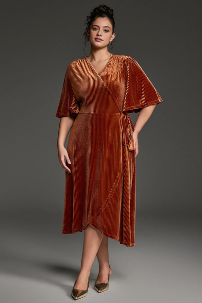 Retro Plus Size Wrap V-Neck Flutter-Sleeve Solid-Back Midi Mother Of Bride Dress