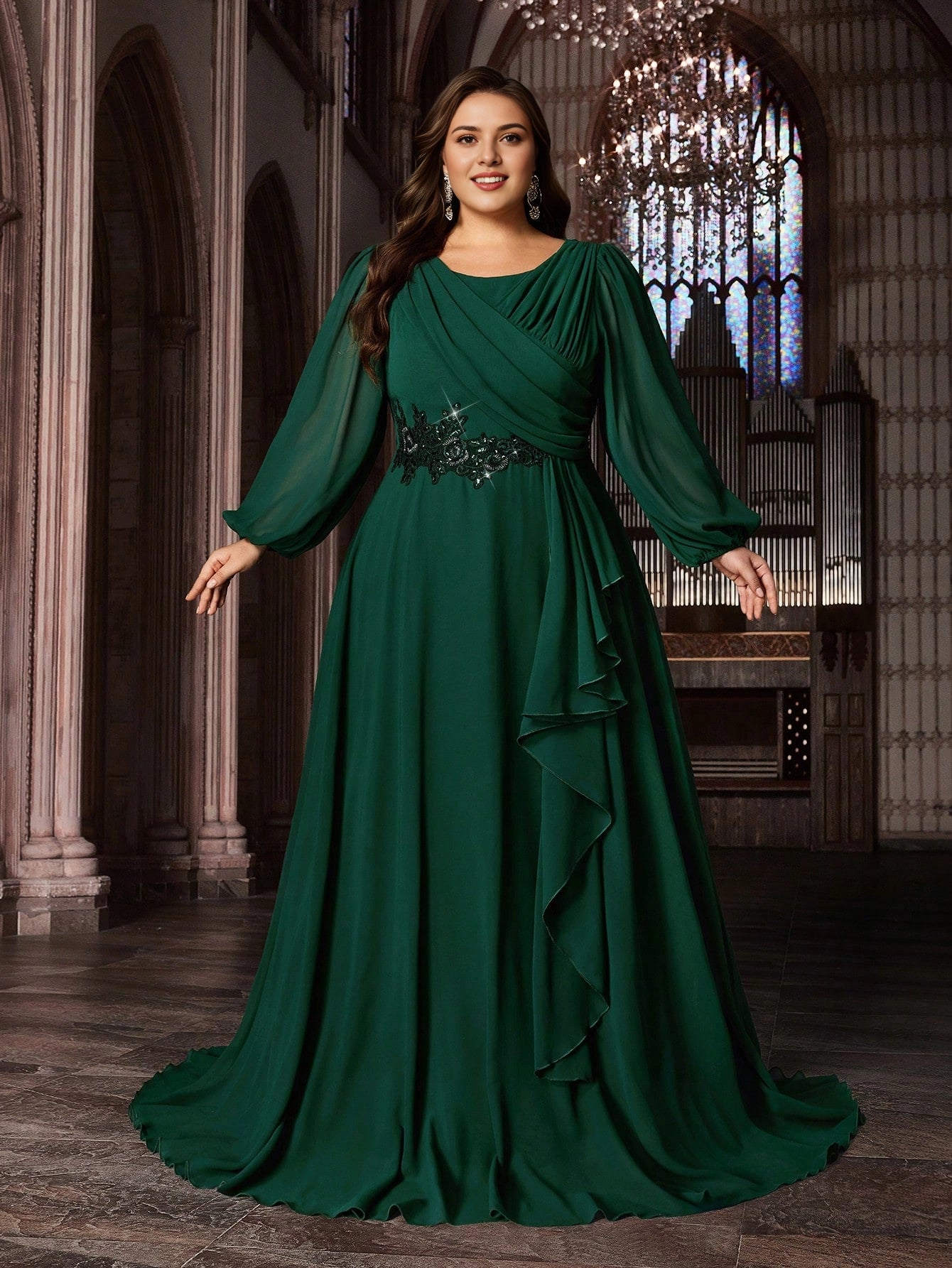 Plus Size Emerald A‑Line Wrap‑Round‑Neck Long‑Sleeve Zipper‑Back Floor‑Length Prom Dress
