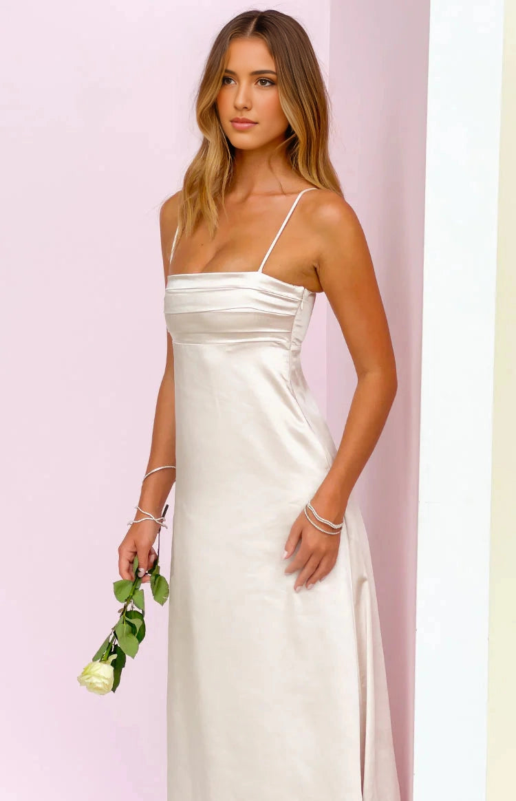 Ivory A-Line Square Neck Spaghetti Smocked Back Long Prom Dress