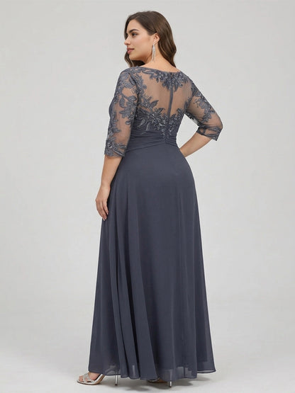 Back view RoselleDress dark grey blue curvy chiffon gown sheer lace illusion back zipper floor-length wedding mother dress