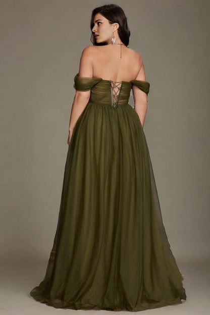 Back view Roselledress olive green plus size tulle prom dress off‑the‑shoulder lace‑up‑back formal gown with sweep train