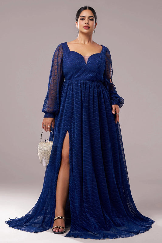 roselle royal blue plus size sweetheart prom dress dotted tulle split long sleeve high slit a-line evening gown