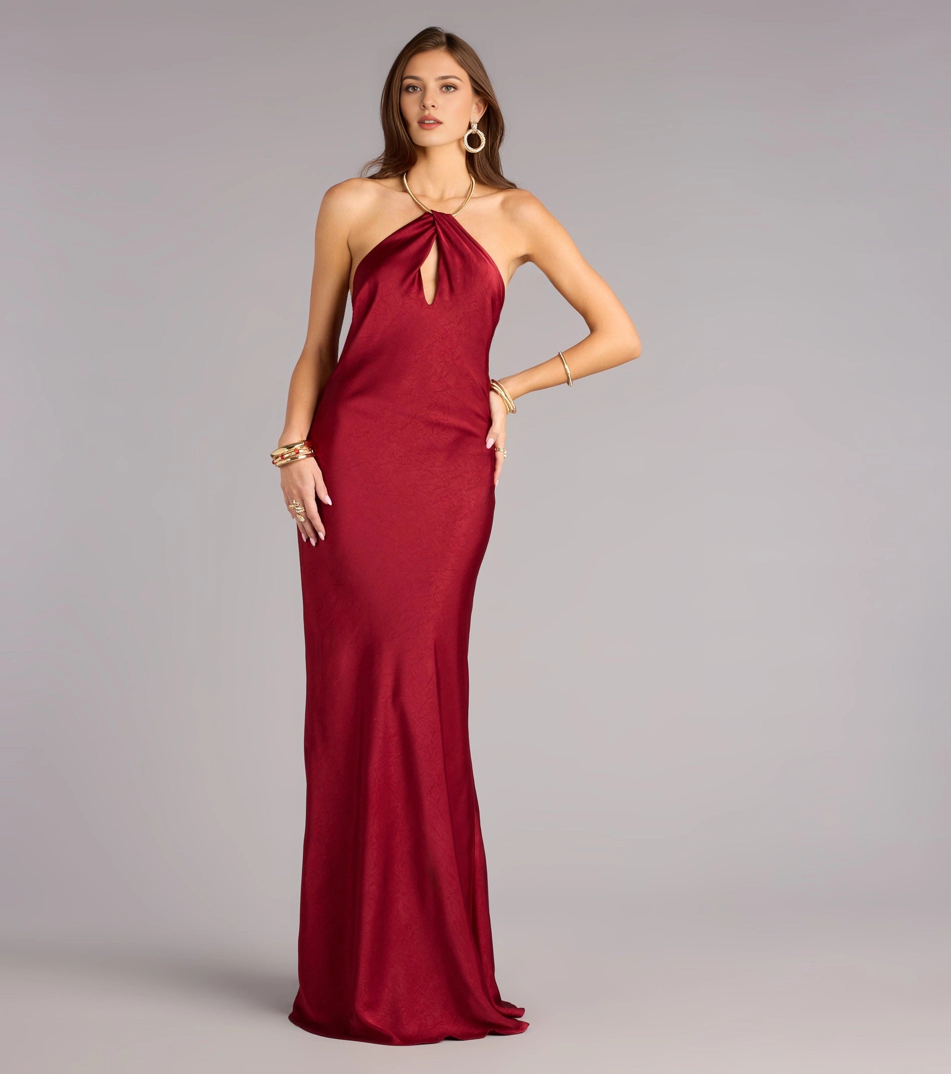 roselledress burgundy jacquard satin halter keyhole mermaid floor length formal evening dress