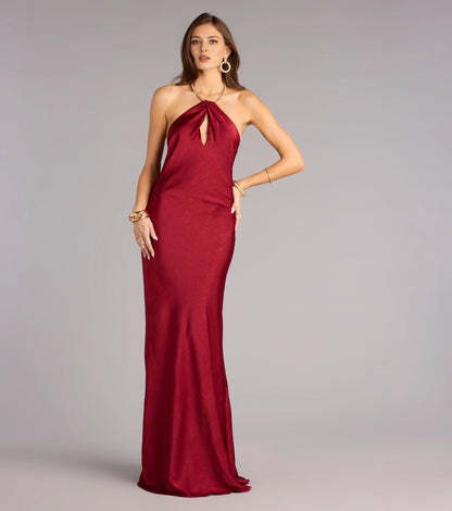 roselledress burgundy jacquard satin halter keyhole mermaid floor length formal evening dress