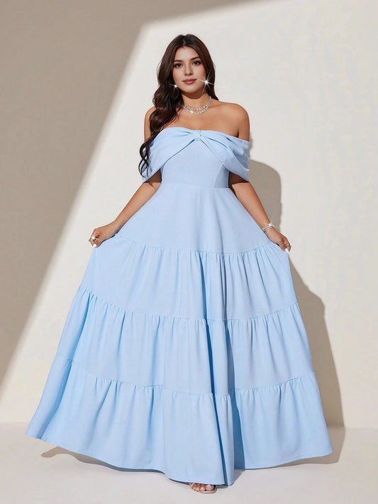 Roselledress plus size sky blue tiered prom dress off‑the‑shoulder twist front short sleeve a‑line floor length front view