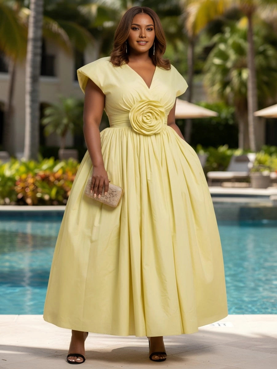 Luxury A-Line Round Neck Short Sleeve Zip Back Ankle Length Plus Size Wedding Guest Dress