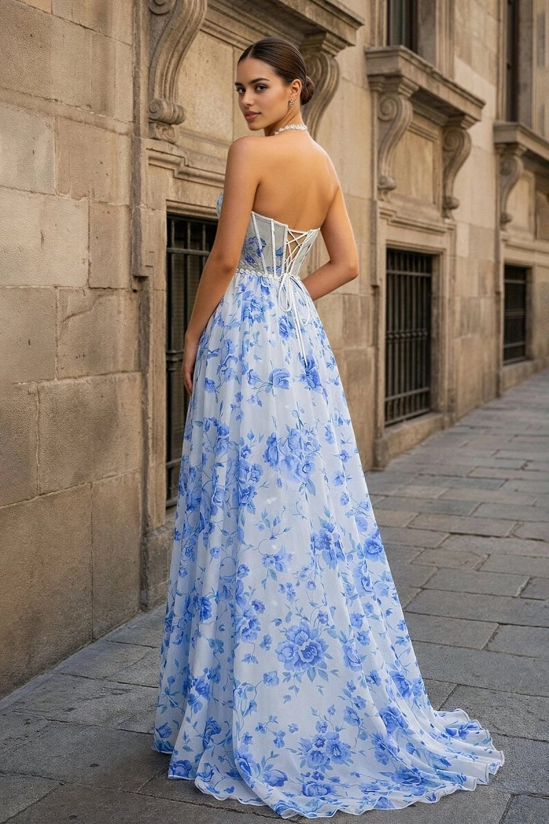 Roselledress porcelain blue floral formal gown open corset lace up back long chiffon evening dress rear view