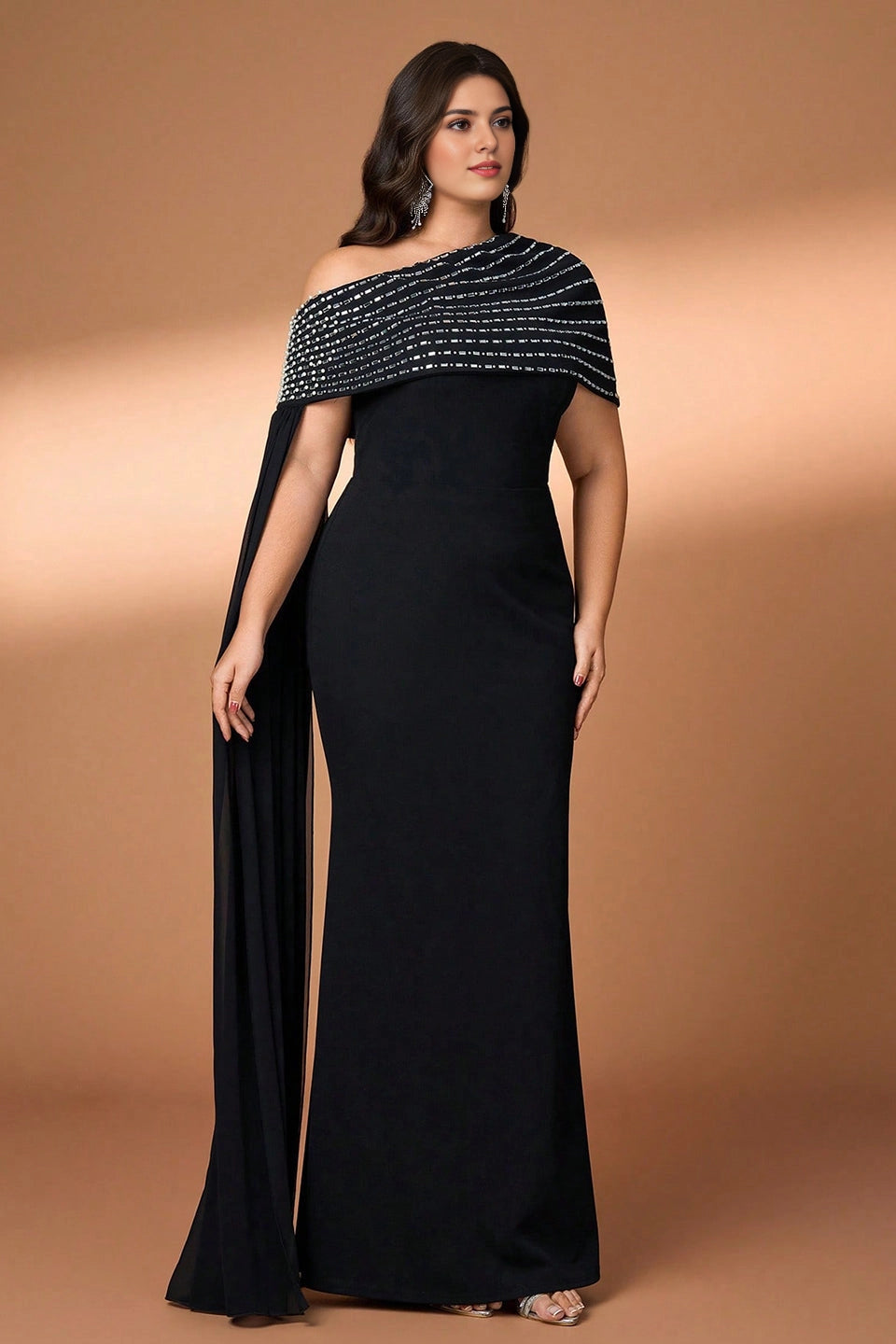 Black Plus Size Mermaid One‑Shoulder Cape‑Sleeve Open‑Back Floor‑Length Prom Dress