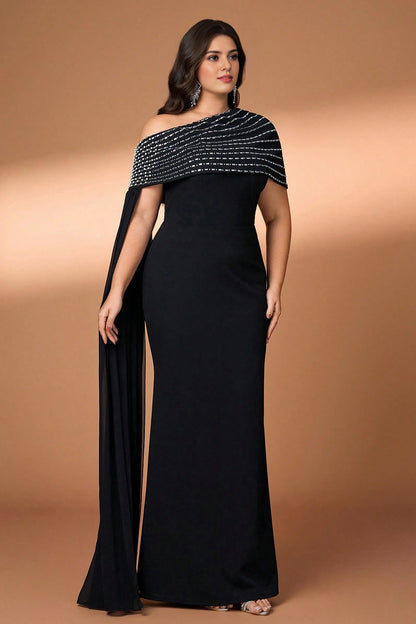 Black Plus Size Mermaid One‑Shoulder Cape‑Sleeve Open‑Back Floor‑Length Prom Dress